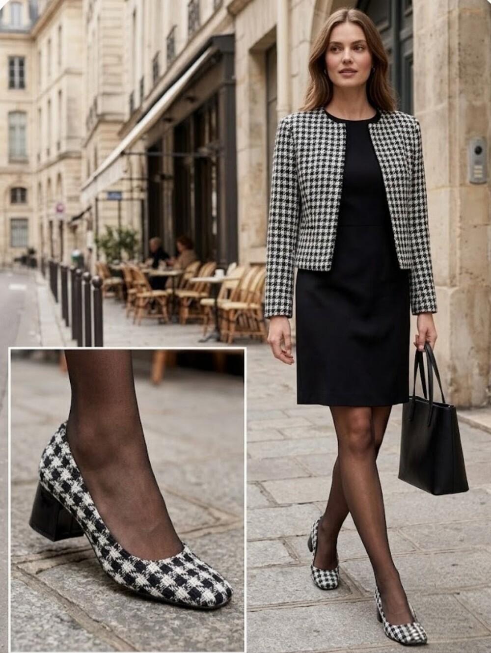 Ann Taylor Black and White Tweed Houndstooth Block Heel Pumps